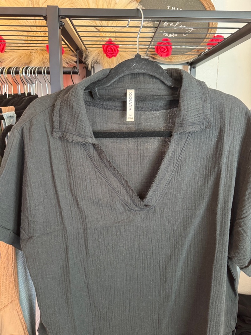 Zenana Outfitters Black Textured V-Neck Collared Tunic